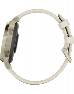 Ceas Garmin Lily 2 Active, display AMOLED, dimensiune afisaj 25,4 mm x 21,3 mm, rezolutie afisaj 240 x 201 pixeli, memorie 8GB, autonomie pana la 9 zile, rezistanta la apa pana la 5 ATM, greutate: 24,4g, ramă MLunar Glod şi curea Bone din silicon