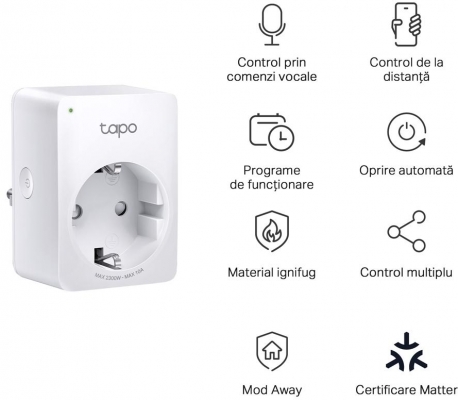 TP-LINK TAPO P100M Mini priză Wi-Fi smart, compatibilă cu Matter, WIFI Protocol: IEEE 802.11b/g/n, Bluetooth, 2.4Ghz, Dimensiuni: 72 × 51 × 40 mm, Cerinte de alimentare: 100-240V~, Incarcare maxima: 2,300W, 10A.