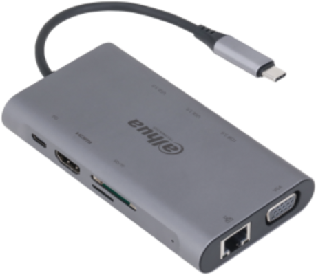 dAHUA 9 IN 1 USB 3.1 Type-C to USB 3.0 + HDMI + RJ45 + VGA + SD/TF +PD Docking Station, intrare: USB 3.1 Type-C, Iesire: 3 * USB 3.0, 1 * HDMI, 1 * VGA, 1 * RJ45, 1 * SD, 1 * TF, 1 * PD, 1 × VGA supporta 1920 × 1080@ 30 Hz, 1 × RJ-45, suporta 10/100/1000 Mbps.