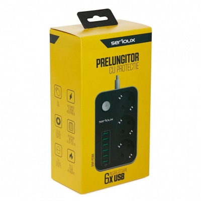 Prelungitor cu protectie Serioux, 3 prize schuko, 6 porturi USB, antistatic, buton power/off, lungime cablu 1.6m, negru, SRXP-PS36B