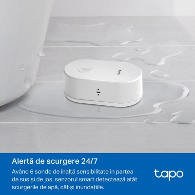 TP-LINK TAPO T300, Senzor smart de scurgeri de apa (necesită Hub Tapo), Wireless: 868, Alimentare: 2 baterii tip AAA (incluse), Dimensiuni: 84.5 × 46.5 × 30 mm.