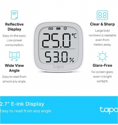 TP-LINK TAPO T315, Monitor smart de temperature si umiditate (necesită Hub Tapo), Wireless: 868 / 922 MHz, Acuratete temperature: ±0.3°C, Acuratete umiditate: ±3%RH, Dimensiuni: 62 × 62 × 24.5 mm, Alimentare: 2 × AAA/LR03 battery