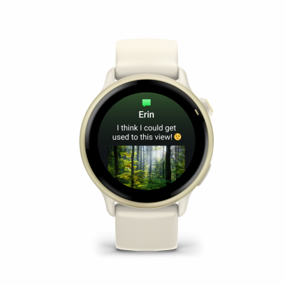 Ceas Garmin vívoactive 6 display AMOLED, dimensiune afisaj 30.4 mm, rezolutie afisaj  390 x 390 pixeli, memorie 8GB, autonomie până la 11 zile (5 zile cu afişajul permanent pornit), rezistanta la apa pana la 5 ATM, greutate: 23g, ramă Lunar Gold cu curea Bone, carcasă Light Sand şi curea din silicon