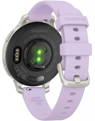 Ceas Garmin Lily 2 Active, display AMOLED, dimensiune afisaj 25,4 mm x 21,3 mm, rezolutie afisaj 240 x 201 pixeli, memorie 8GB, autonomie pana la 9 zile, rezistanta la apa pana la 5 ATM, greutate: 24,4g, ramă Argintiu, şi curea Purple Jasmine din silicon