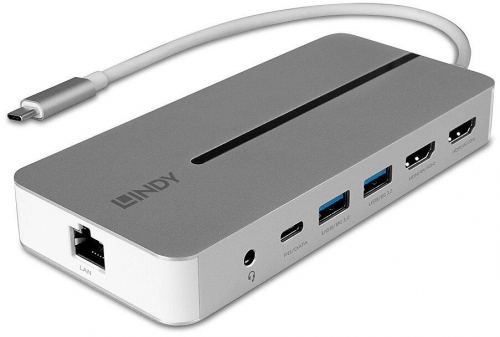 Lindy DST-Mx Duo Mini Docking Station USB Type-C, Dual display (4k), 100W Pass-through charging, rezolutie single display 4k@60, rezolutie dual display 4k@60 + 4k@30, 2x USB Type A, 1x USB-C (PD & Data), 2x HDMI, 1x RJ45, 2x Card reader (microSD & SD), 1x 3.5mm audio jack