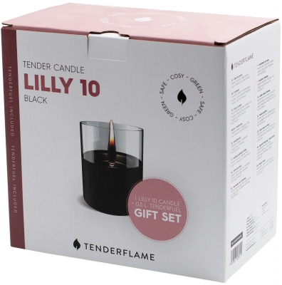 Pachet lumanare ambientala, TenderFlame LILLY 10, sticla neagra cu Tenderfuel 500 ml si Bricheta