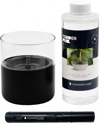 Pachet lumanare ambientala, TenderFlame LILLY 10, sticla neagra cu Tenderfuel 500 ml si Bricheta