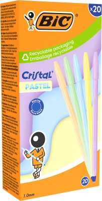 Pix BIC Cristal Pastel albastru, 20 buc, 5 culori, cerneala albastru, 20 buc/cutie