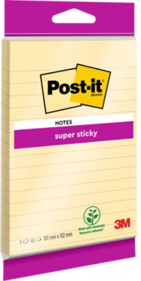 Notite adezive mari Post-it Super Sticky, liniate, galben canar, 102 x 152 mm, 45 file/bloc