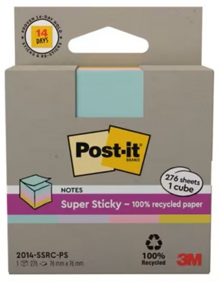 Notite adezive tip cub Post-It, Super Sticky, 76 x 76 mm, culori pastel, 276 file/cub, 2 buc/set, 3M