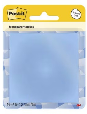 Notite transparente Post-It, albastru, 73 x 73 mm, 36 file/buc, 3M