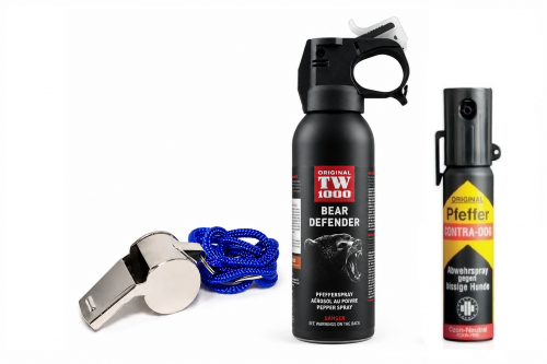 Kit aparare impotriva ursilor si cainilor, sprayuri autoaparare cu piper, Contra-Dog 40ml & Bear Defender, 225ml, TW1000, si fluier din metal cu snur