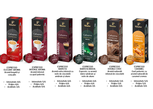 Pachet capsule cafea Tchibo Cafissimo Espresso Collection 6 cutii/set + cadou siropuri cafea amaretto 50ml si caramel 50ml, 5 to go 
