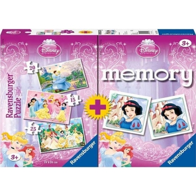 Puzzle + joc memory Printesele Disney, 3 buc in cutie 15/20/25 piese Ravensburger