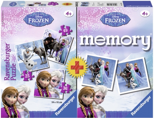 Puzzle + joc memory Frozen 3 buc in cutie 25/36/49 piese Ravensburger