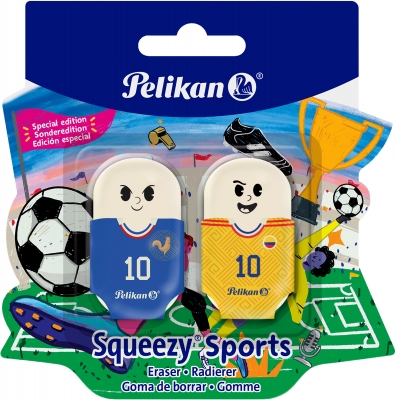 Radiera Squeezy Sports Plastic, fara ftalati si PVC, fotbal, set 2, blister, diverse culori, Pelikan