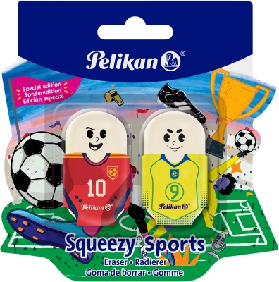 Radiera Squeezy Sports Plastic, fara ftalati si PVC, fotbal, set 2, blister, diverse culori, Pelikan
