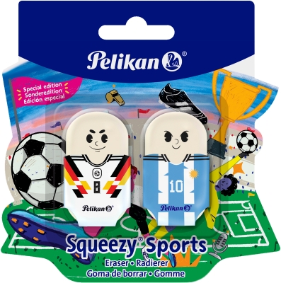 Radiera Squeezy Sports Plastic, fara ftalati si PVC, fotbal, set 2, blister, diverse culori, Pelikan