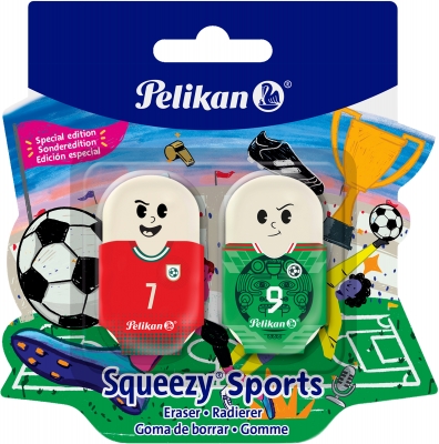 Radiera Squeezy Sports Plastic, fara ftalati si PVC, fotbal, set 2, blister, diverse culori, Pelikan