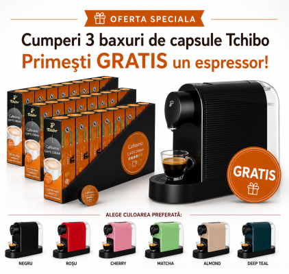 Pachet 24 cutii capsule Tchibo Cafissimo Rich Aroma si espressor Tchibo Pure Plus cadou