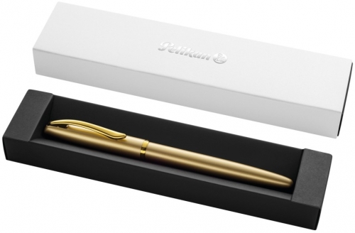 Roller Jazz Noble Elegance Gold, 1 rezerva roller Pelikan 338 inclusa, cerneala albastra corectabila, varf M, in cutie pentru cadou