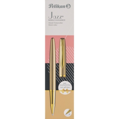 Roller Jazz Noble Elegance Gold, 1 rezerva roller Pelikan 338 inclusa, cerneala albastra corectabila, varf M, in cutie pentru cadou