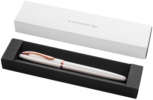 Roller Jazz Noble Elegance Pearl, 1 rezerva roller Pelikan 338 inclusa, cerneala albastra corectabila, varf M, in cutie pentru cadou