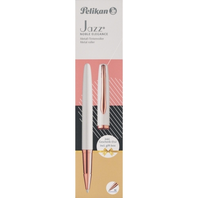 Roller Jazz Noble Elegance Pearl, 1 rezerva roller Pelikan 338 inclusa, cerneala albastra corectabila, varf M, in cutie pentru cadou