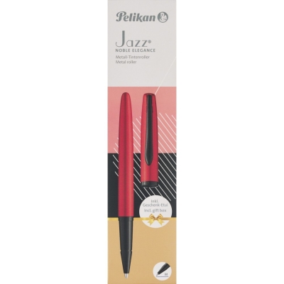 Roller Jazz Noble Elegance Red, 1 rezerva roller Pelikan 338 inclusa, cerneala albastra corectabila, varf M, in cutie pentru cadou