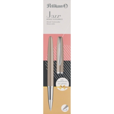 Roller Jazz Noble Elegance Taupe, 1 rezerva roller Pelikan 338 inclusa, cerneala albastra corectabila, varf M, in cutie pentru cadou