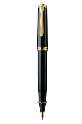 Roller Pelikan Souveran R600 Black, accesorii placate cu aur, negru/auriu, rezerva inclusa, cutie cadou