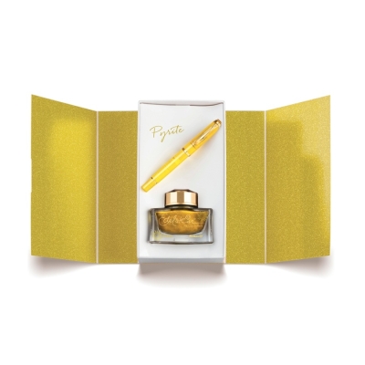 Set cadou stilou Pelikan Classic M200 Pyrite, editie speciala 2026, penita EF + calimara Edelstein Pyrite 50 ml