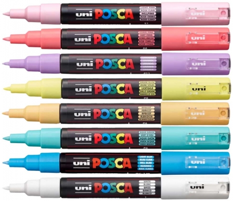Marker cu vopsea Posca PC-1M, varf 0.7 mm, culori pastel, 8 culori/set