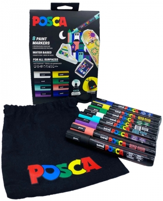 Marker cu vopsea Posca PC-5M, varf 1.8-2.5 mm, 8 culori/set si saculet