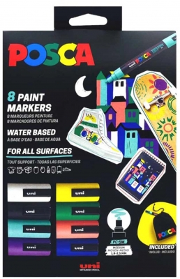Marker cu vopsea Posca PC-5M, varf 1.8-2.5 mm, 8 culori/set si saculet
