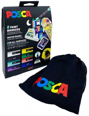 Marker cu vopsea Posca PC-5M, varf 1.8-2.5 mm, 8 culori/set si saculet
