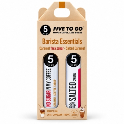 Sirop cafea Barista Essentials, 2 x 250ml, Caramel fara zahar & Caramel sarat, 5 to go