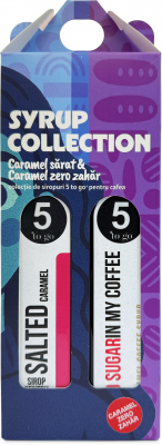 Sirop cafea Collection, 2 x 250ml, Caramel Sarat & Caramel fara zahar, 5 to go