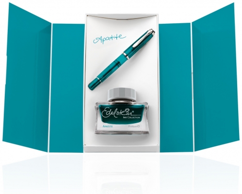 Stilou Classic M205 Editie Speciala Apatite F, penita din otel inoxidabil, accesorii argintii cu calimara 50ml cerneala Edelstein Apatite, Pelikan