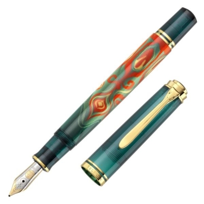 Stilou Pelikan Souveran M600 Art Collection Rudi Rother, editie speciala, penita M din aur 14K, accesorii placate cu aur 24K, verde/rosu + cutie cadou