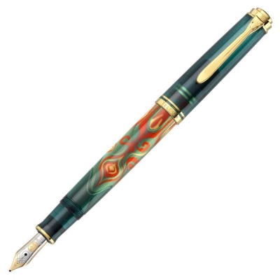 Stilou Pelikan Souveran M600 Art Collection Rudi Rother, editie speciala, penita M din aur 14K, accesorii placate cu aur 24K, verde/rosu + cutie cadou