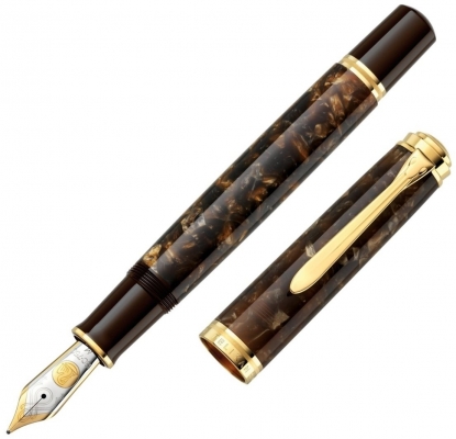 Stilou Souveran M1000 Editie Speciala Renaissance Brown M, penita aur 18k, accesorii placate cu aur 24k, corp maro marmorat, Pelikan