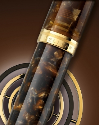 Stilou Souveran M1000 Editie Speciala Renaissance Brown M, penita aur 18k, accesorii placate cu aur 24k, corp maro marmorat, Pelikan
