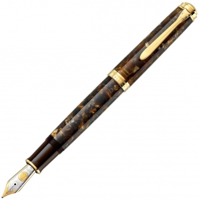 Stilou Souveran M1000 Editie Speciala Renaissance Brown M, penita aur 18k, accesorii placate cu aur 24k, corp maro marmorat, Pelikan