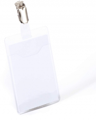 Suport pentru ecuson 90 × 60 mm, transparent, cu clips si deschidere partiala vertical, 25buc/set Durable