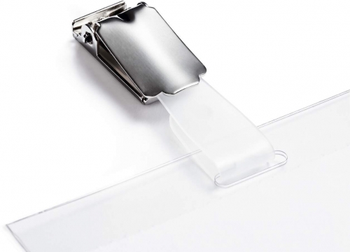 Suport pentru ecuson 90 × 60 mm, transparent, cu clips si deschidere partiala vertical, 25buc/set Durable