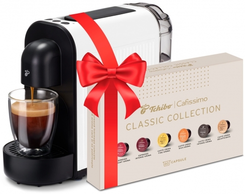 Espressor capsule Tchibo Cafissimo Now White + set capsule cafea Tchibo Classic Collection 6 cutii/set
