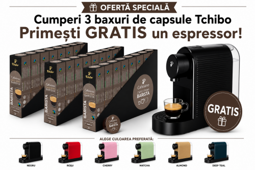 Pachet 24 cutii capsule Tchibo Cafissimo Barista Caffee Crema si espressor Tchibo Pure Plus cadou