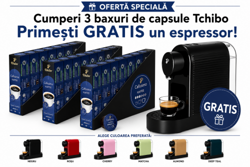 Pachet 24 cutii capsule Tchibo Cafissimo Coffee Intense Aroma si espressor Tchibo Pure Plus cadou