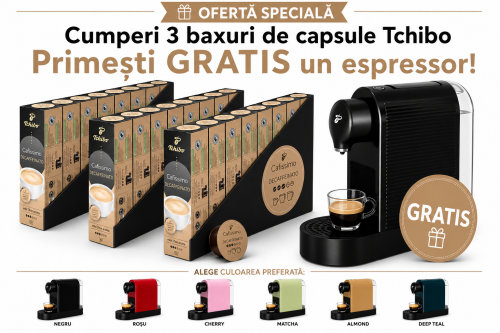 Pachet 24 cutii capsule Tchibo Cafissimo Decaffeinated Caffee Crema si espressor Tchibo Pure Plus cadou
